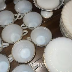Set of 48 Anchor Hocking Suburbia Cups Plates Bowls Milk Glass Swirl Gold Trim