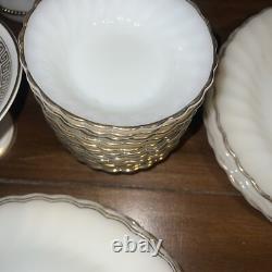 Set of 48 Anchor Hocking Suburbia Cups Plates Bowls Milk Glass Swirl Gold Trim