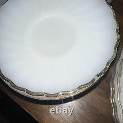 Set of 48 Anchor Hocking Suburbia Cups Plates Bowls Milk Glass Swirl Gold Trim