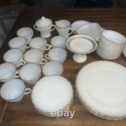 Set of 48 Anchor Hocking Suburbia Cups Plates Bowls Milk Glass Swirl Gold Trim