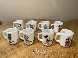 Set of 8 Vintage Anchor Hocking / Fire King Milk Glass Disney Cartoon Mugs 1986