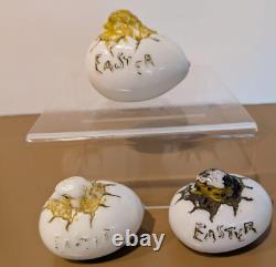 Set of THREE Antique Hand Blown Milk Glass White Easter Egg with Hatching Chick