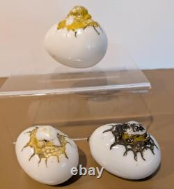 Set of THREE Antique Hand Blown Milk Glass White Easter Egg with Hatching Chick
