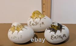 Set of THREE Antique Hand Blown Milk Glass White Easter Egg with Hatching Chick