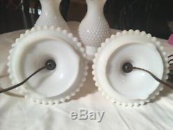 Set of Two Vintage White Hobnail Milk Glass Hurricane Electric Table Lamps