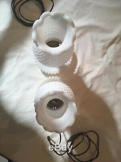 Set of Two Vintage White Hobnail Milk Glass Hurricane Electric Table Lamps