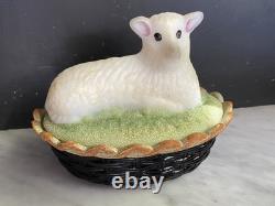 Signed Fenton Glass Lamb on Nest sheep lamb milk glass Hand painted by N Beck