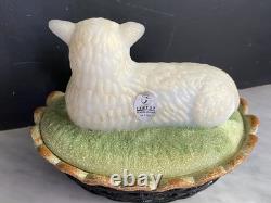 Signed Fenton Glass Lamb on Nest sheep lamb milk glass Hand painted by N Beck