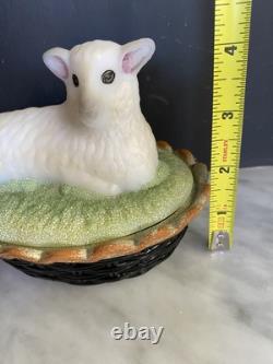 Signed Fenton Glass Lamb on Nest sheep lamb milk glass Hand painted by N Beck