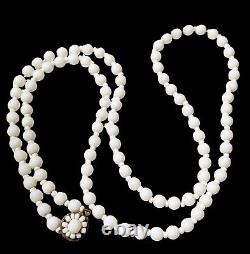 Signed Miriam Haskell White Milk Glass Bead Necklace Flower Clasp 30 L1