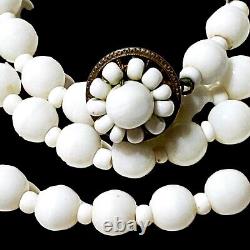 Signed Miriam Haskell White Milk Glass Bead Necklace Flower Clasp 30 L1
