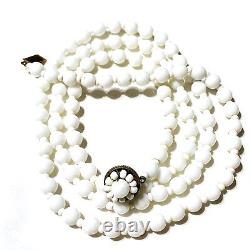 Signed Miriam Haskell White Milk Glass Bead Necklace Flower Clasp 30 L1