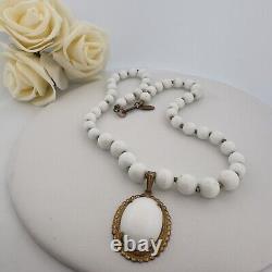 Signed Miriam Haskell White Milk Glass Beaded Necklace Vintage Statement