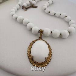 Signed Miriam Haskell White Milk Glass Beaded Necklace Vintage Statement