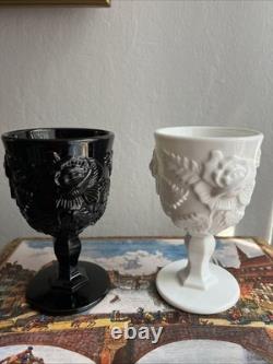 Stunning Pair MADONNA INN Opaque Black and White Milk Glass Goblets Wild Rose