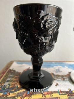 Stunning Pair MADONNA INN Opaque Black and White Milk Glass Goblets Wild Rose