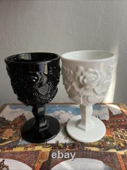 Stunning Pair MADONNA INN Opaque Black and White Milk Glass Goblets Wild Rose