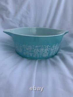 TEAL PYREX Mixing Bowl Set Amish BUTTERPRINT Turquoise Blue White 1960's NM