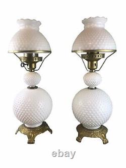 TWO LARGE Vintage White Hobnail Milk Glass Lamps with Shades GWTW Electric 23