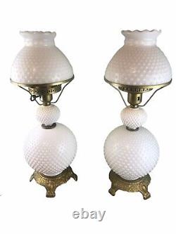 TWO LARGE Vintage White Hobnail Milk Glass Lamps with Shades GWTW Electric 23