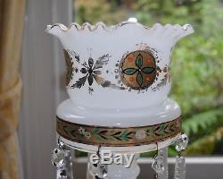 Tall Antique White Milk Glass Lustre Vase Candle Crystal Drops Snake Twist Stem