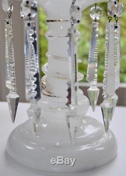 Tall Antique White Milk Glass Lustre Vase Candle Crystal Drops Snake Twist Stem