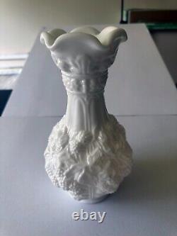 Tall milk glass flower vase with grape vine design 10.1875 inches