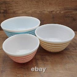 Three (3) Vintage PYREX Rainbow Strip MCM Bowls 401 Pink / 402 Tan / 403 Blue