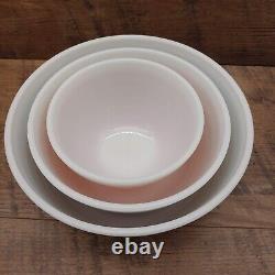 Three (3) Vintage PYREX Rainbow Strip MCM Bowls 401 Pink / 402 Tan / 403 Blue