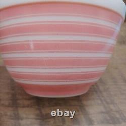 Three (3) Vintage PYREX Rainbow Strip MCM Bowls 401 Pink / 402 Tan / 403 Blue