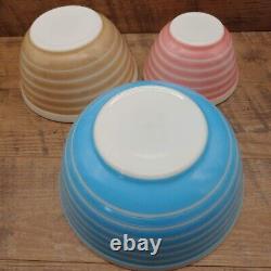 Three (3) Vintage PYREX Rainbow Strip MCM Bowls 401 Pink / 402 Tan / 403 Blue