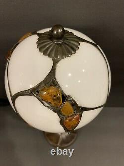 Tiffany Style Witraz Natural Amber And Milk Glass Globe Lamp Brass Poland Signed