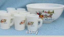 Tom & Jerry Currier And Ives scene white milk glass Punch Bowl W 12 Mugs