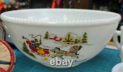 Tom & Jerry Currier And Ives scene white milk glass Punch Bowl W 12 Mugs