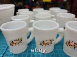 Tom & Jerry Currier And Ives scene white milk glass Punch Bowl W 12 Mugs