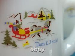 Tom & Jerry Currier And Ives scene white milk glass Punch Bowl W 12 Mugs