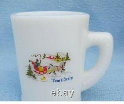 Tom & Jerry Currier And Ives scene white milk glass Punch Bowl W 12 Mugs