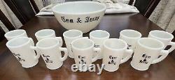 Tom & Jerry Milk Glass Punch Bowl and 11 mugs Black/white Vintage McKee Set