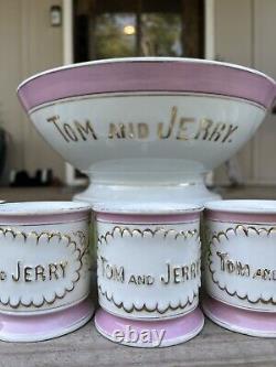 Tom & Jerry Punch Bowl Set 7 Mugs Antique Vintage MCM Pink And Gold Trim NICE