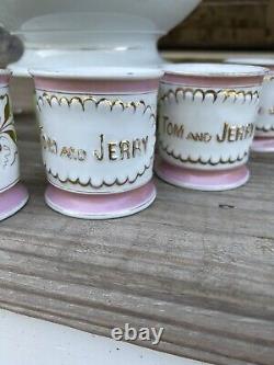 Tom & Jerry Punch Bowl Set 7 Mugs Antique Vintage MCM Pink And Gold Trim NICE