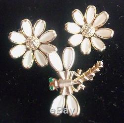 Trifari White Milk Glass Flower Clip Earrings And Dragon Fly Brooch Estate Jew