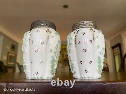 Two Antique Opal Enameled Milk Glass Muffineers / Salt and Pepper Shakers