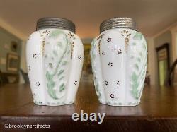 Two Antique Opal Enameled Milk Glass Muffineers / Salt and Pepper Shakers