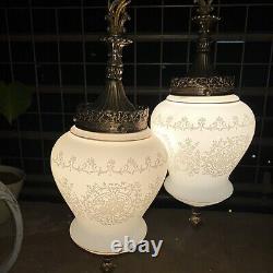 Two Geringer Pendant Lights Brass + Embossed Milk Glass Gold Accents beautiful
