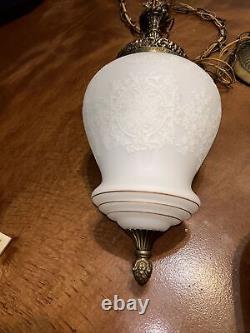 Two Geringer Pendant Lights Brass + Embossed Milk Glass Gold Accents beautiful