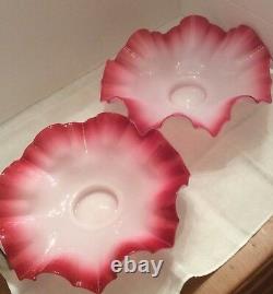 Two Victorian Style Art Glass Cranberry Ruffle Bride Basket Bowl Peach Blow