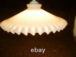 Two Vintage French Art Deco, Crimped Edge Milk Glass Pendant Light Fittings