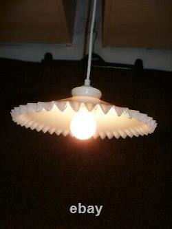 Two Vintage French Art Deco, Crimped Edge Milk Glass Pendant Light Fittings