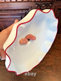 Unusual ANTIQUE WHITE with RED STRIPE RUFFLED MILK GLASS LIGHT LAMP SHADE Fluted