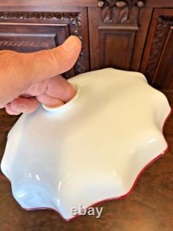 Unusual ANTIQUE WHITE with RED STRIPE RUFFLED MILK GLASS LIGHT LAMP SHADE Fluted